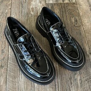 🌟ZARA 🌟WOMEN BLACK 🌟PATENT LUG SOLED BROGUES SIZE,  36